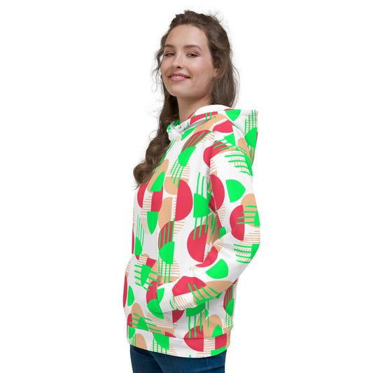 Women's All-Over Print Recycled Unisex Hoodie Bright Geometric Pattern Bright Green, Coral & Red