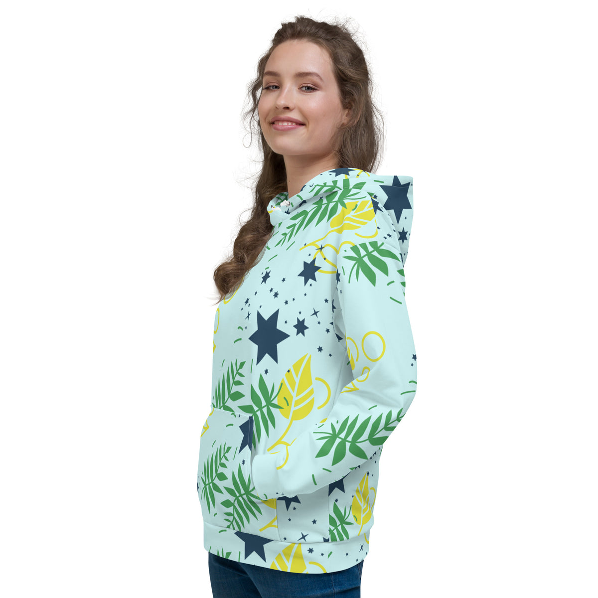 Women's All-Over Print Recycled Unisex Hoodie Leaves Light Cyan Blue