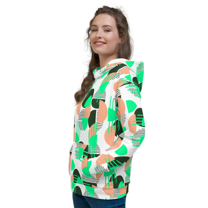 Women's All-Over Print Recycled Unisex Hoodie Bright Geometric Pattern Bright Bright Green, Coral & Dark Green