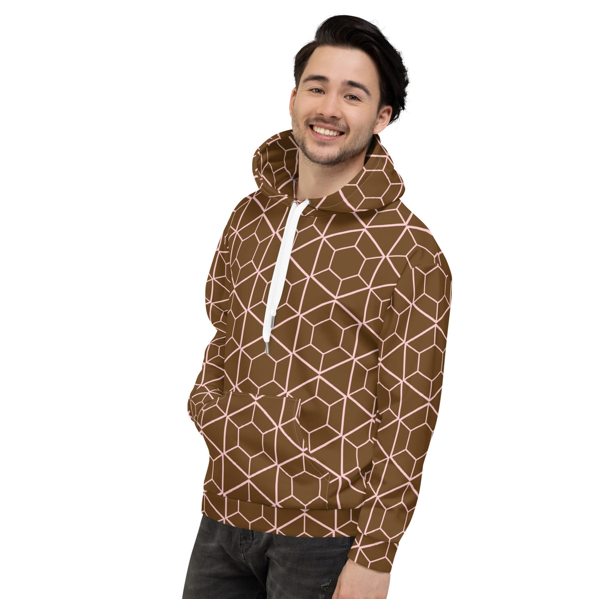 Men's All-Over Print Recycled Unisex Hoodie Geometric Hexagon Brown