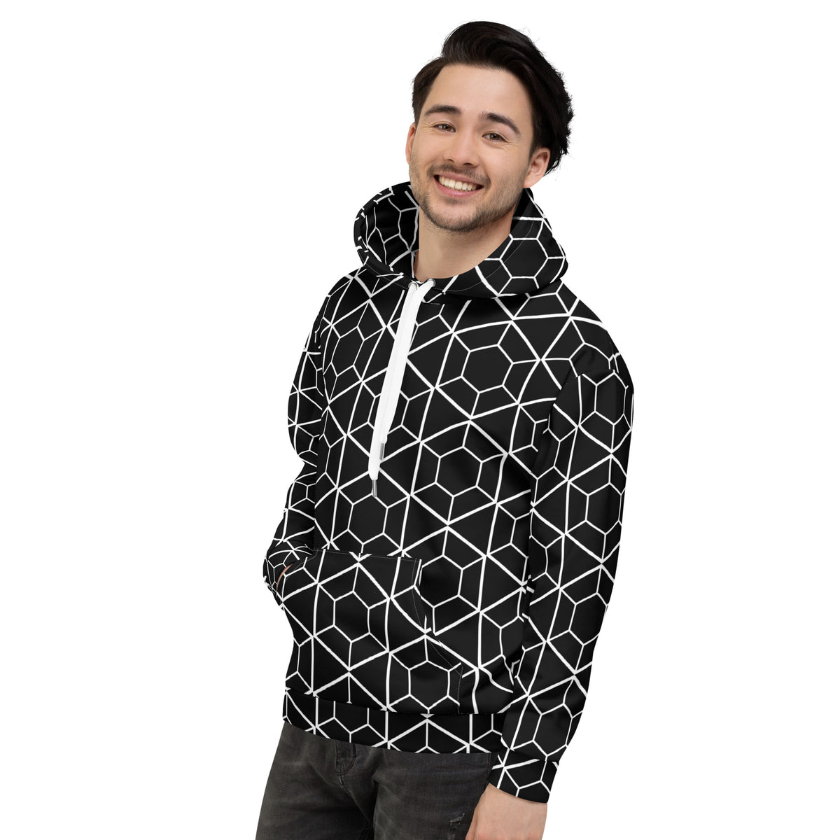 Men's All-Over Print Recycled Unisex Hoodie Geometric Hexagon Black