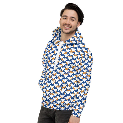 Men's All-Over Print Recycled Unisex Hoodie Geometric Heart Pattern Blue & Amber