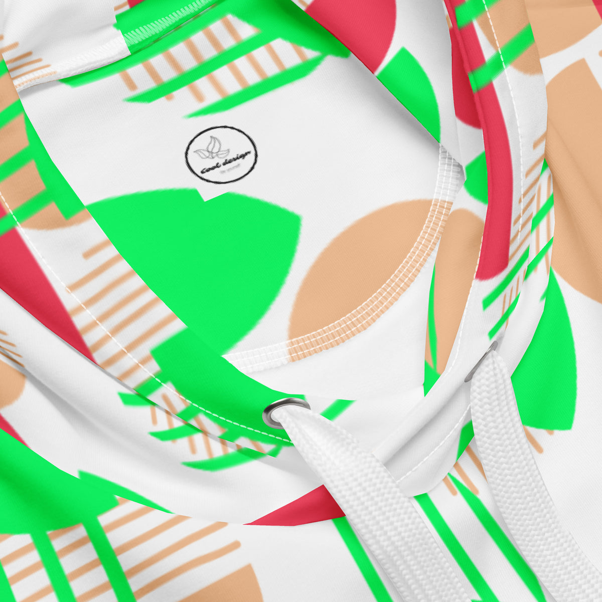 Women's All-Over Print Recycled Unisex Hoodie Bright Geometric Pattern Bright Green, Coral & Red
