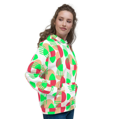 Women's All-Over Print Recycled Unisex Hoodie Bright Geometric Pattern Bright Green, Coral & Red