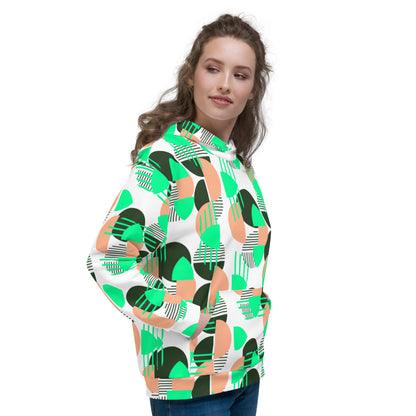 Women's All-Over Print Recycled Unisex Hoodie Bright Geometric Pattern Bright Bright Green, Coral & Dark Green