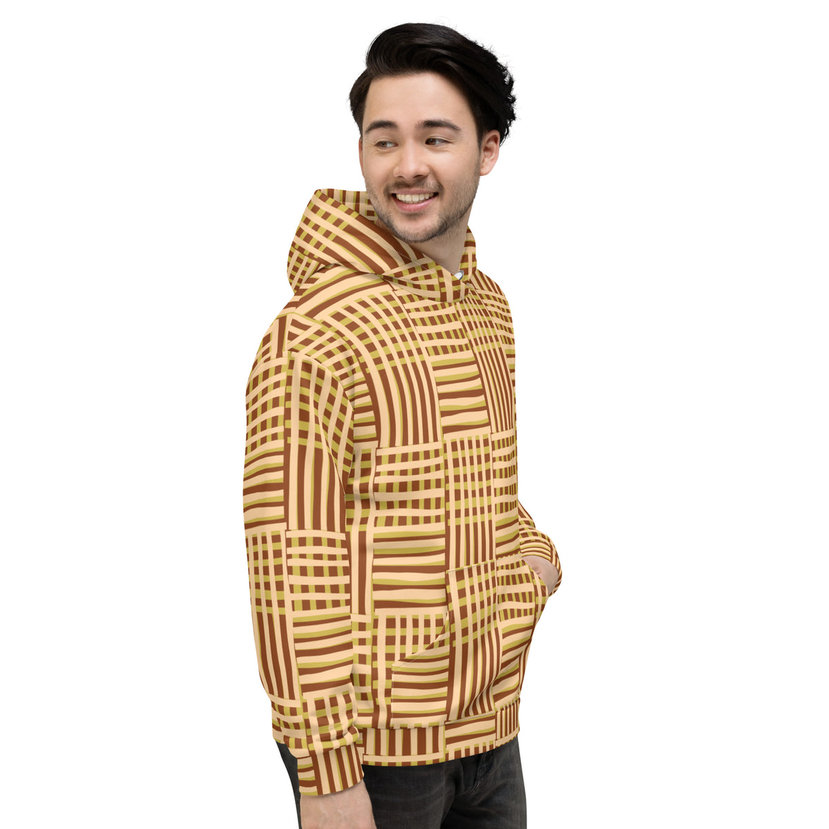 Men's All-Over Print Recycled Unisex Hoodie Geometric Stripes Saddle Brown
