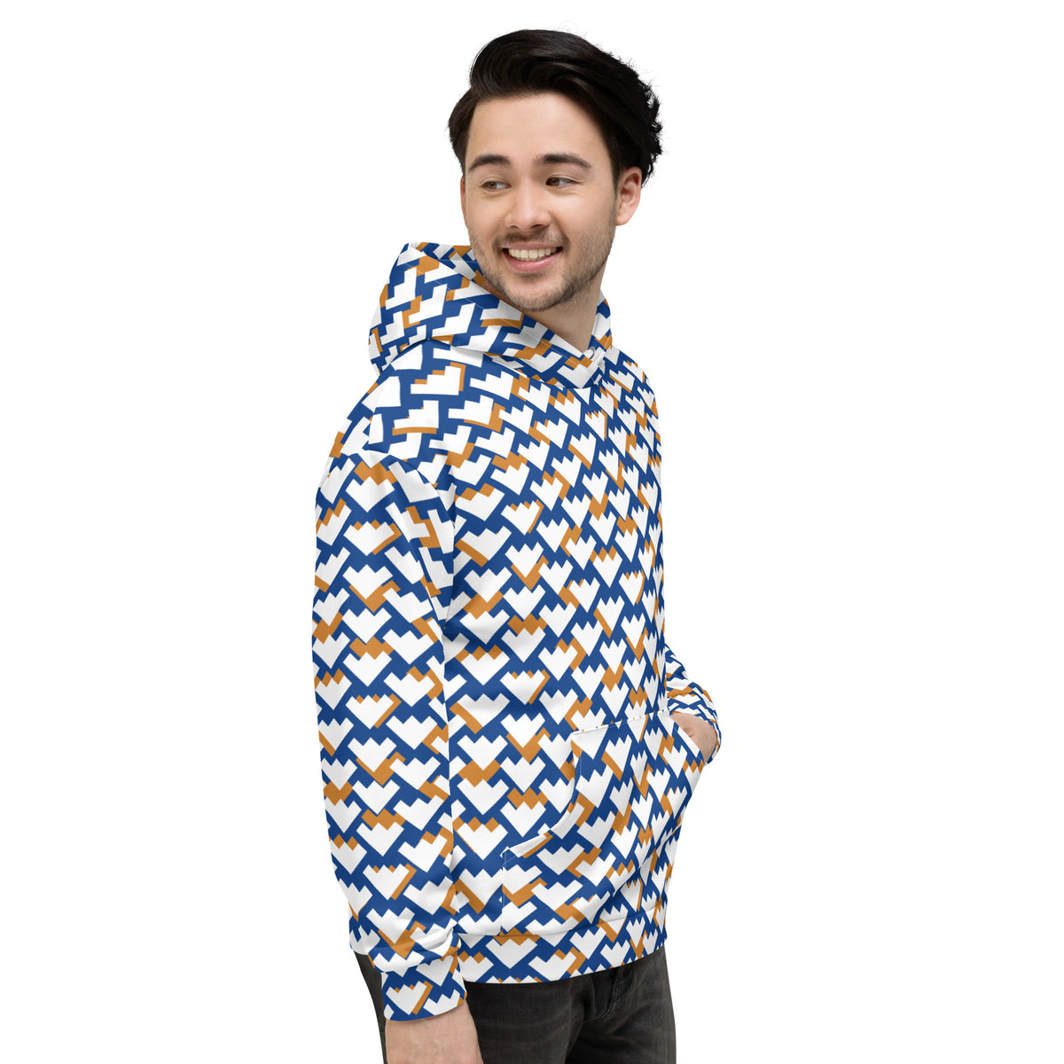 Men's All-Over Print Recycled Unisex Hoodie Geometric Heart Pattern Blue & Amber
