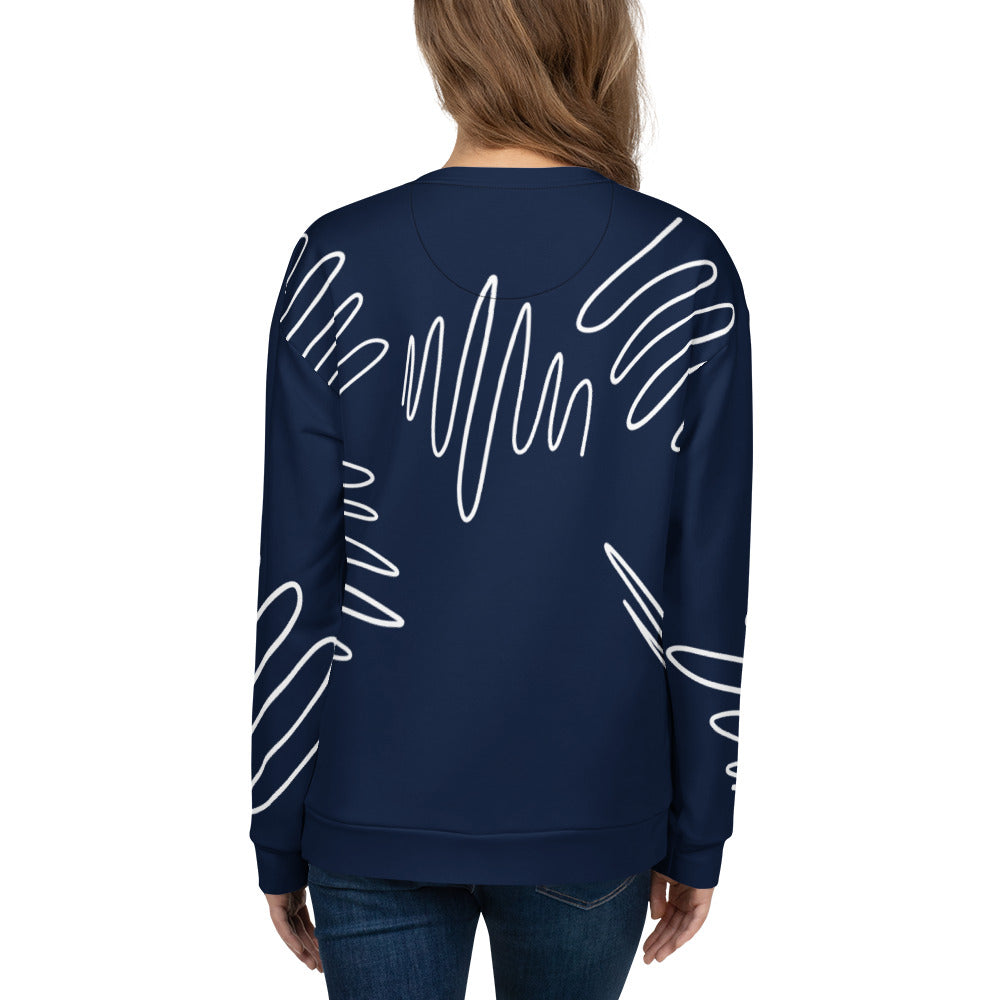 All-over print recycled unisex sweatshirt with Athletic Stripes "Team" pattern in dark cerulean blue for women, back view, photo 2