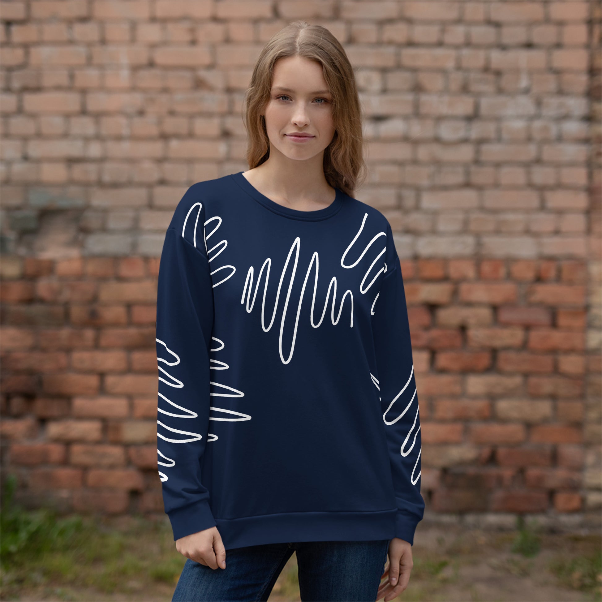 All-over print recycled unisex sweatshirt with Athletic Stripes "Team" pattern in dark cerulean blue for women, front view, photo 3