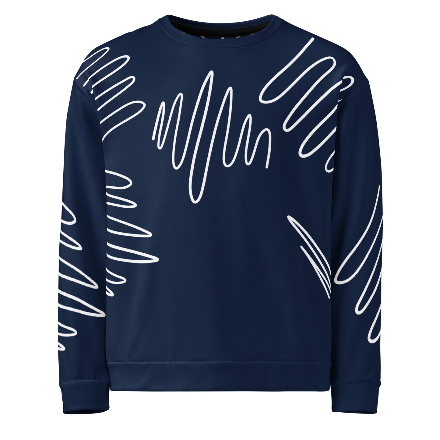 All-over print recycled unisex sweatshirt with Athletic Stripes "Team" pattern in dark cerulean blue for women, product flat, front view, 