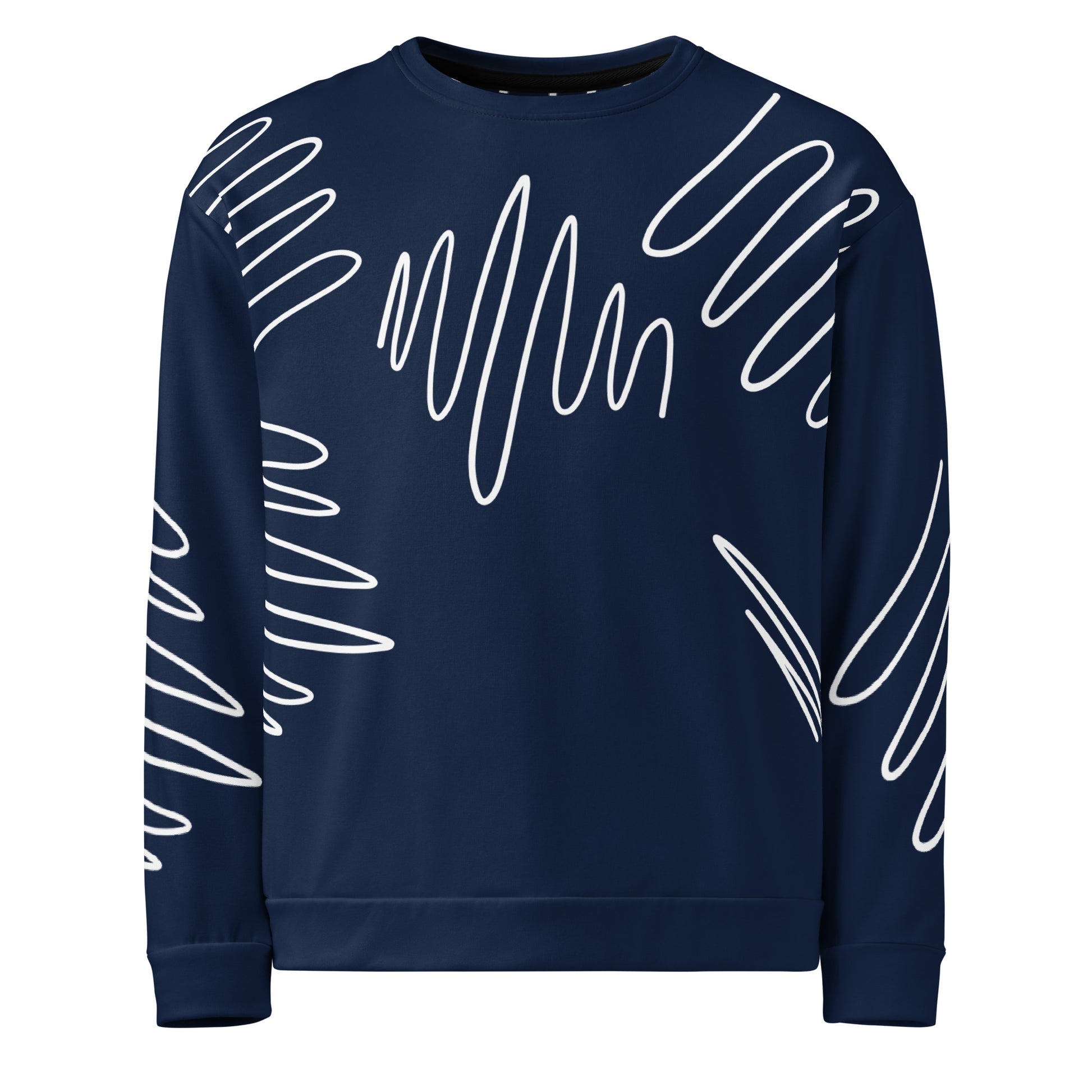 All-over print recycled unisex sweatshirt with Athletic Stripes "Team" pattern in dark cerulean blue for women, product flat, front view, 