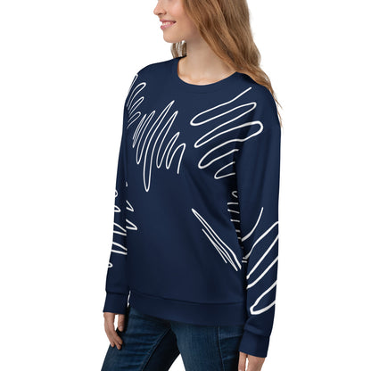 All-over print recycled unisex sweatshirt with Athletic Stripes "Team" pattern in dark cerulean blue for women, left front view, photo 2