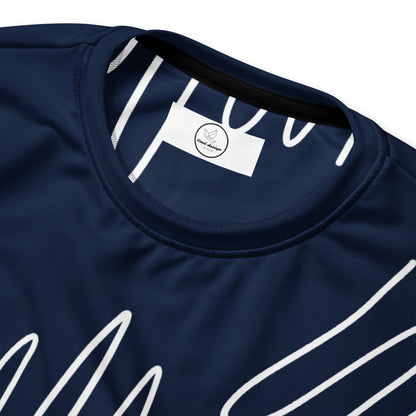 All-over print recycled unisex sweatshirt with Athletic Stripes "Team" pattern in dark cerulean blue for women, product details