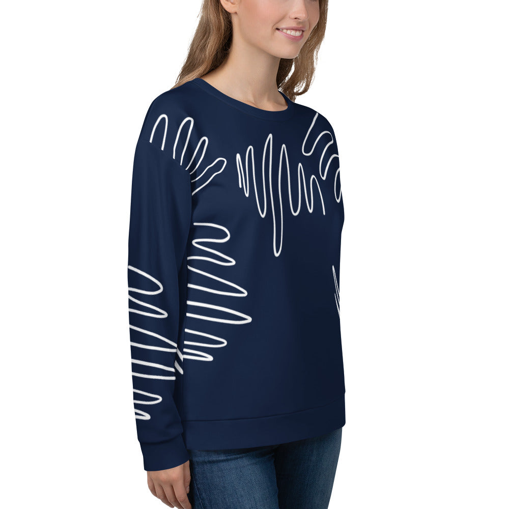 All-over print recycled unisex sweatshirt with Athletic Stripes "Team" pattern in dark cerulean blue for women, right front view, photo 2