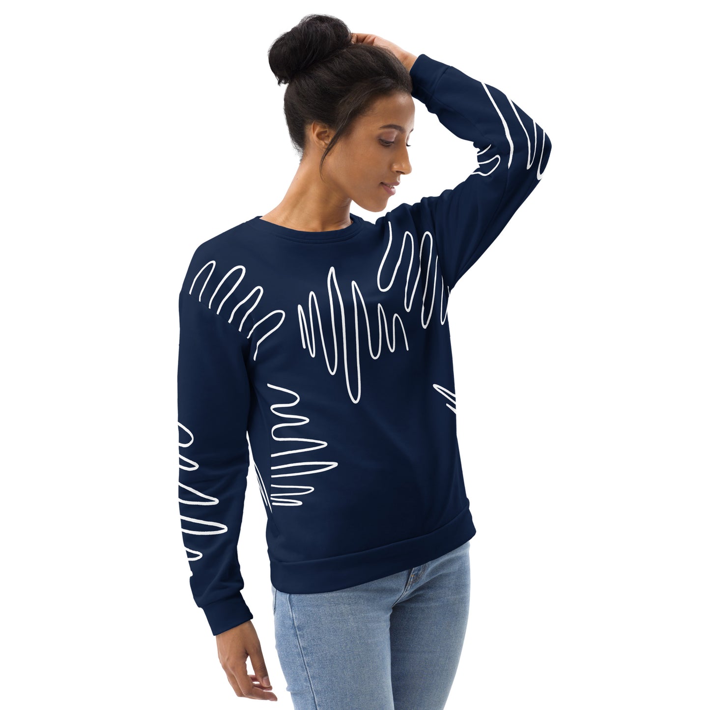 All-over print recycled unisex sweatshirt with Athletic Stripes "Team" pattern in dark cerulean blue for women, right front view, photo 1