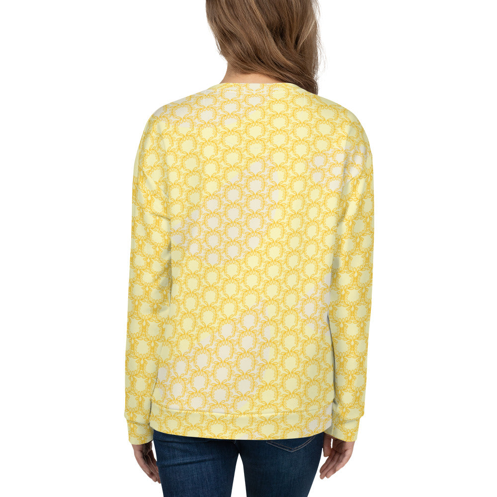 All-Over Print Recycled Unisex Sweatshirt Laurel Leaves Crown and Yellow V Neck Design for Woman