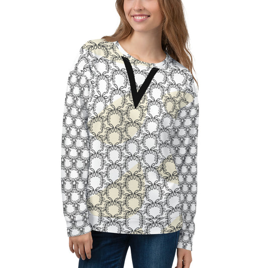 All-Over Print Recycled Unisex Sweatshirt Laurel Leaves Crown and Eclipse V Neck Design for Woman