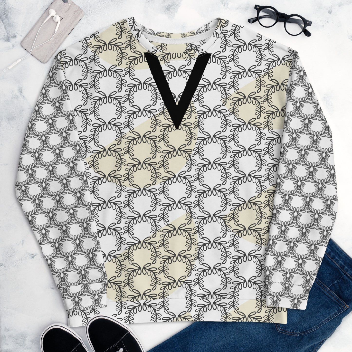 Women's All-Over Print Recycled Unisex Sweatshirt Laurel Leaves Crown Eclipse V Neck Design