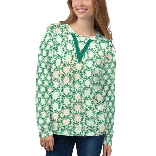 All-Over Print Recycled Unisex Sweatshirt Laurel Leaves Crown and Jewel V Neck Design for Woman