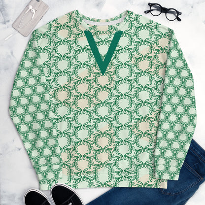 All-Over Print Recycled Unisex Sweatshirt Laurel Leaves Crown and Jewel V Neck Design for Woman