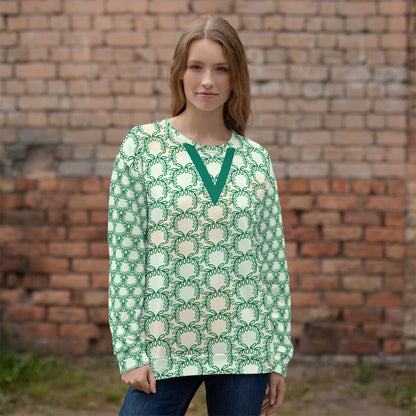 All-Over Print Recycled Unisex Sweatshirt Laurel Leaves Crown and Jewel V Neck Design for Woman