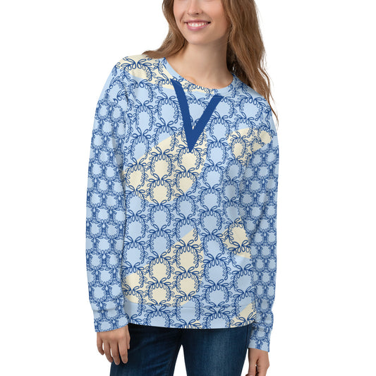 All-Over Print Recycled Unisex Sweatshirt Laurel Leaves Crown and Dark Cerulean V Neck Design for Women