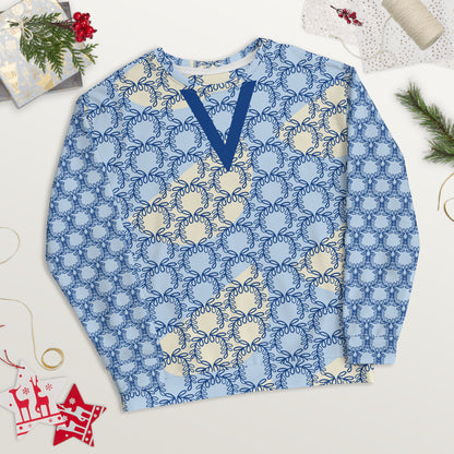 All-Over Print Recycled Unisex Sweatshirt Laurel Leaves Crown and Dark Cerulean V Neck Design for Women