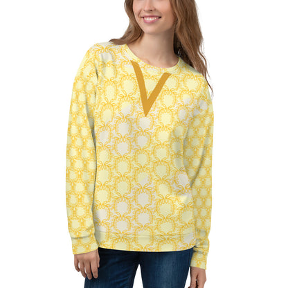 All-Over Print Recycled Unisex Sweatshirt Laurel Leaves Crown and Yellow V Neck Design for Woman