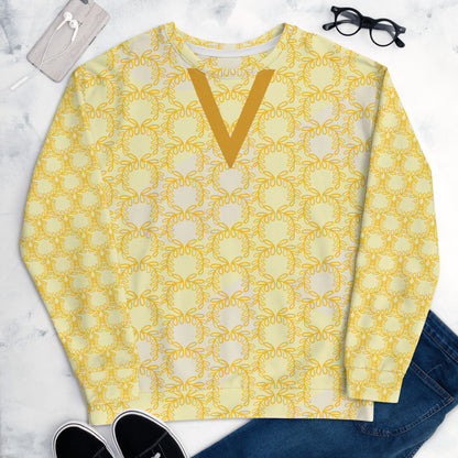 All-Over Print Recycled Unisex Sweatshirt Laurel Leaves Crown and Yellow V Neck Design for Woman