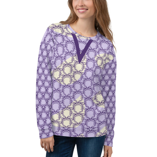 All-Over Print Recycled Unisex Sweatshirt Laurel Leaves Crown and Purple V Neck Design for Women