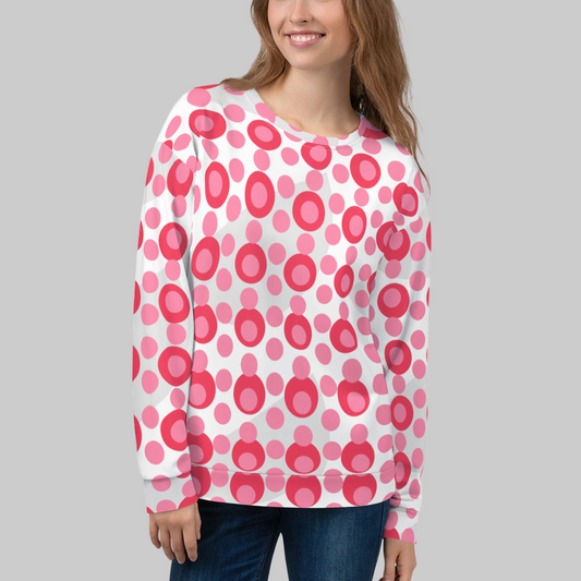 All-Over Print Recycled Unisex Sweatshirt Circles and Polka Dots Tickle Me Pink for Woman