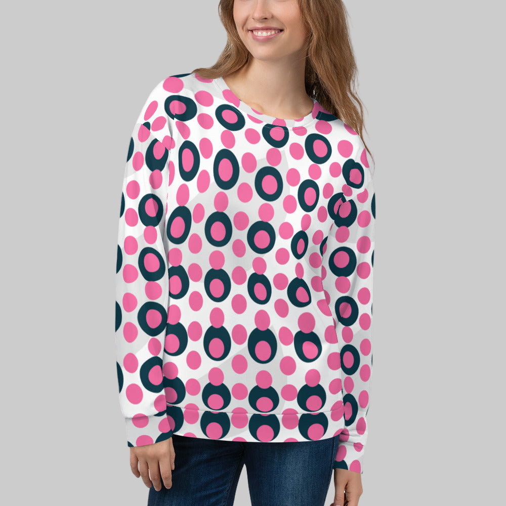 All-Over Print Recycled Unisex Sweatshirt Circles and Polka Dots Brilliant Rose Pink for Woman