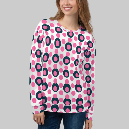 All-Over Print Recycled Unisex Sweatshirt Circles and Polka Dots Brilliant Rose Pink for Woman