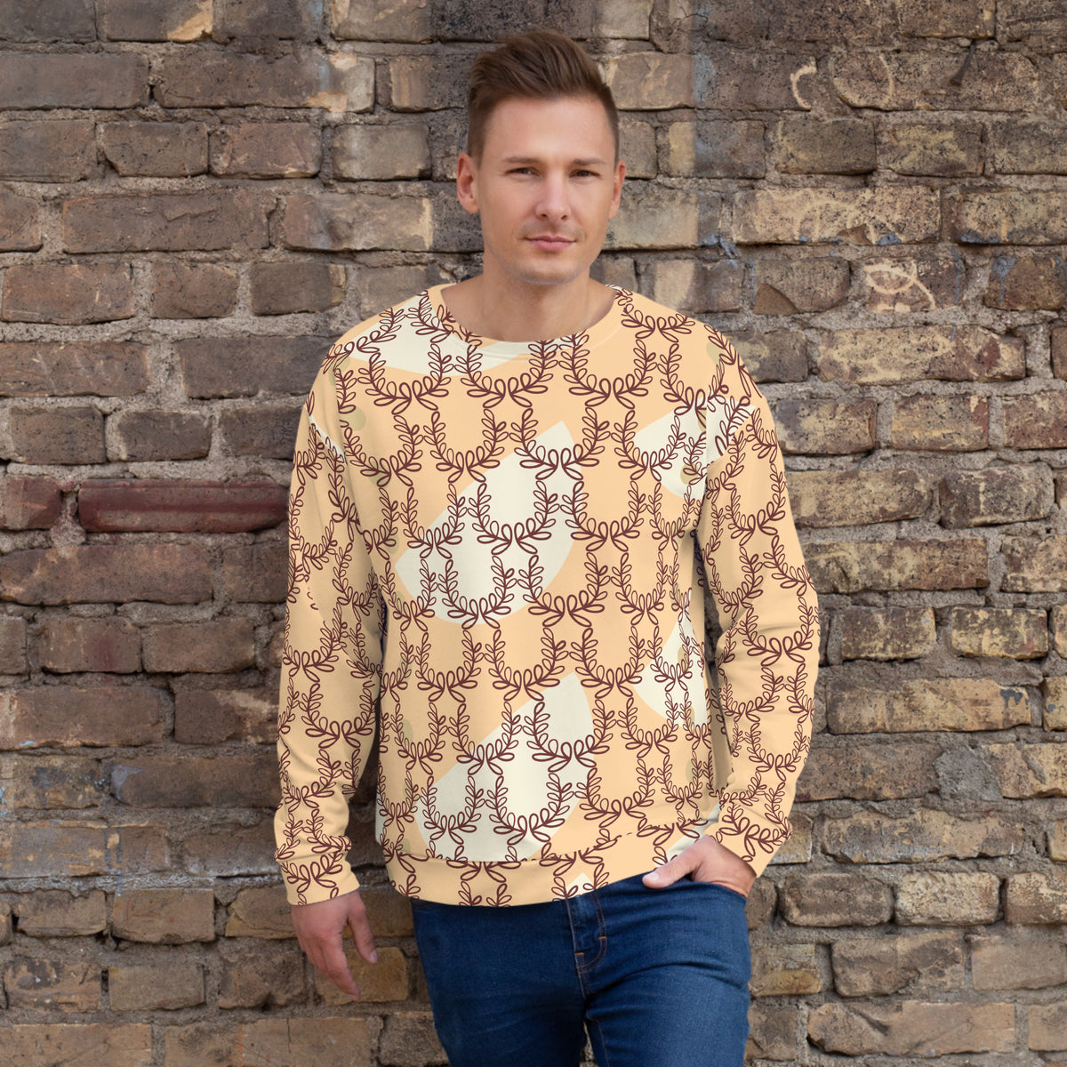 Men's All-Over Print Recycled Unisex Sweatshirt Laurel Leaf Crown Frangipani Orange