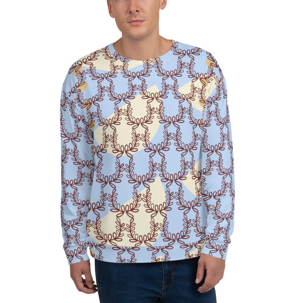 All-Over Print Recycled Unisex Sweatshirt Laurel Leaves Crown Hawkes Blue for Man