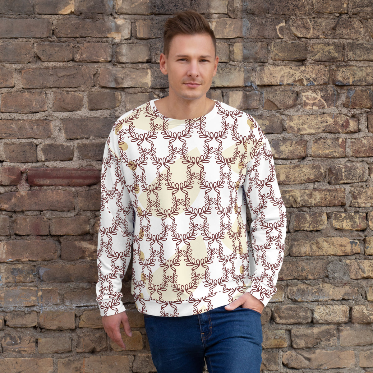 Men's All-Over Print Recycled Unisex Sweatshirt Laurel Leaves Crown White