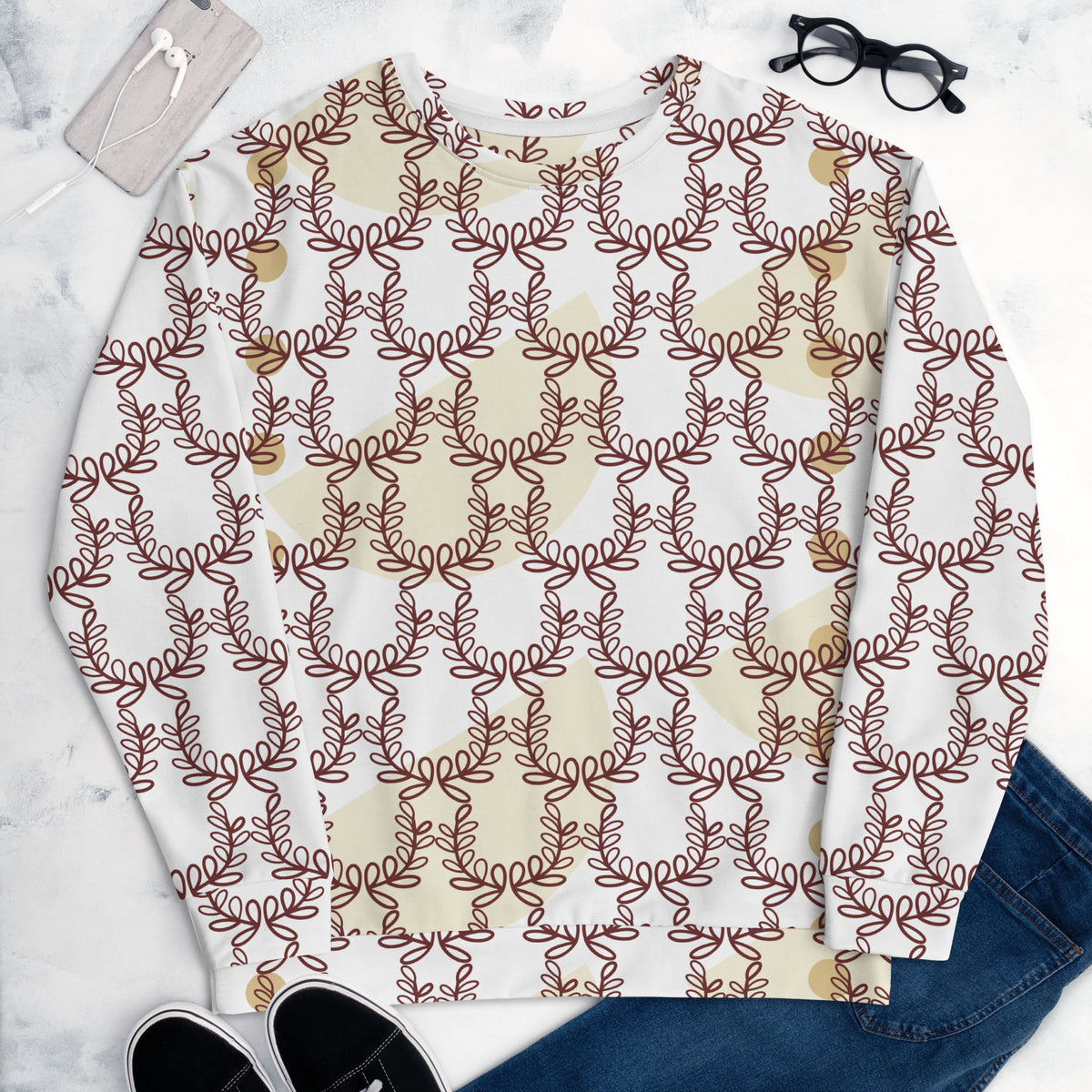 Men's All-Over Print Recycled Unisex Sweatshirt Laurel Leaves Crown White