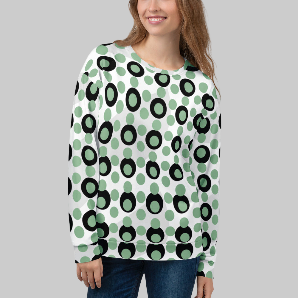 All-Over Print Recycled Unisex Sweatshirt Circles and Polka Dots Dark Sea Green for Woman