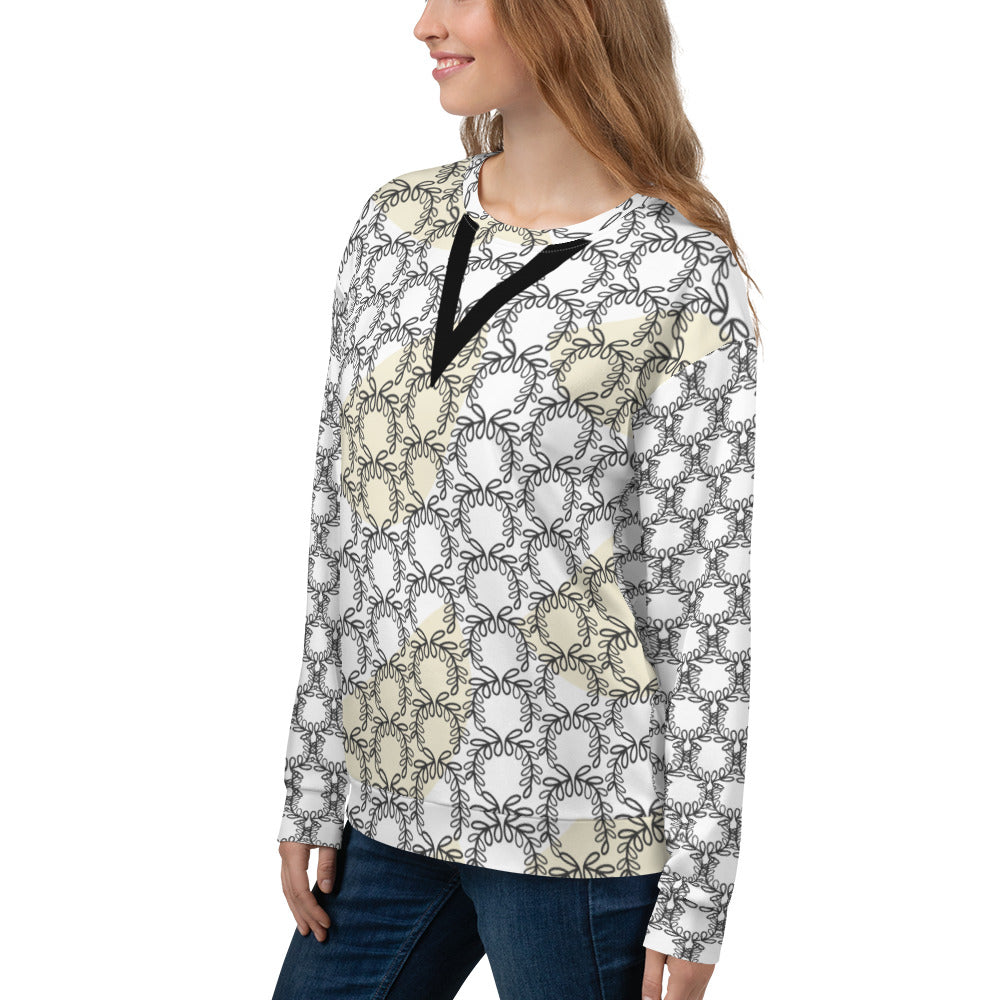 Women's All-Over Print Recycled Unisex Sweatshirt Laurel Leaves Crown Eclipse V Neck Design