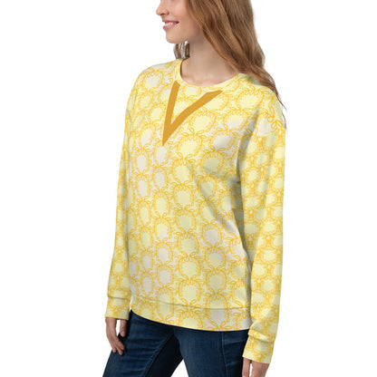 All-Over Print Recycled Unisex Sweatshirt Laurel Leaves Crown and Yellow V Neck Design for Woman