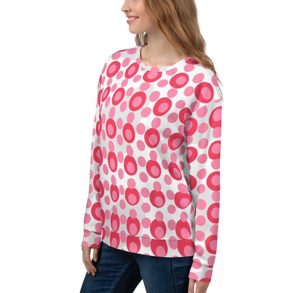 All-Over Print Recycled Unisex Sweatshirt Circles and Polka Dots Tickle Me Pink for Woman