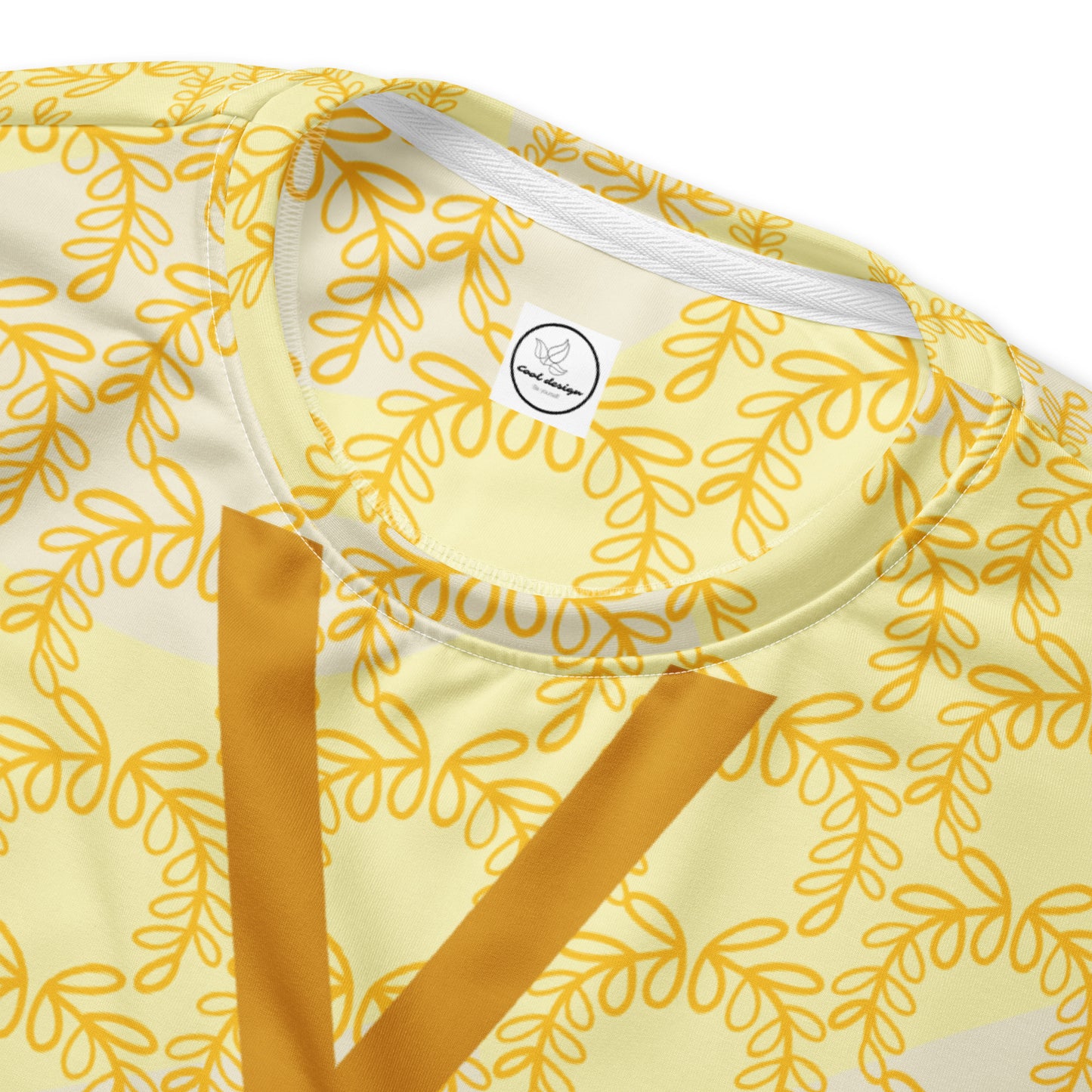 All-Over Print Recycled Unisex Sweatshirt Laurel Leaves Crown and Yellow V Neck Design for Woman