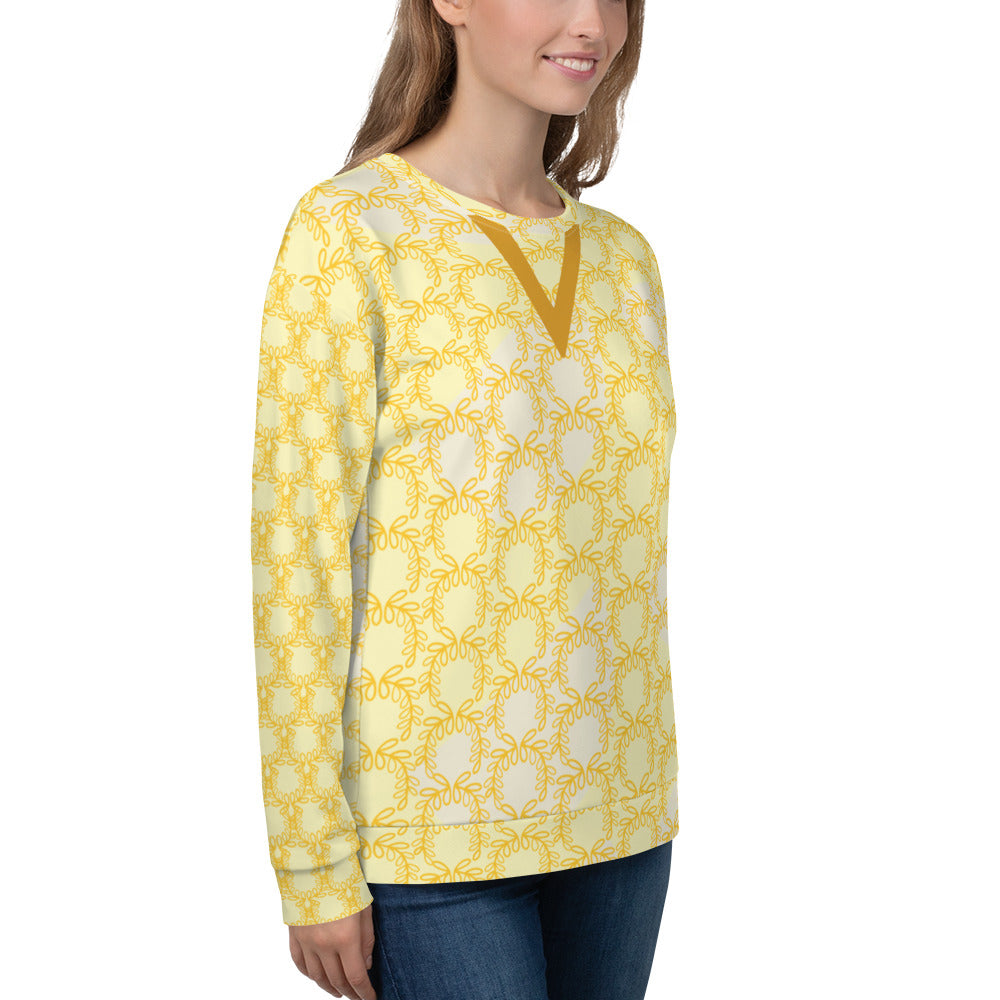 All-Over Print Recycled Unisex Sweatshirt Laurel Leaves Crown and Yellow V Neck Design for Woman