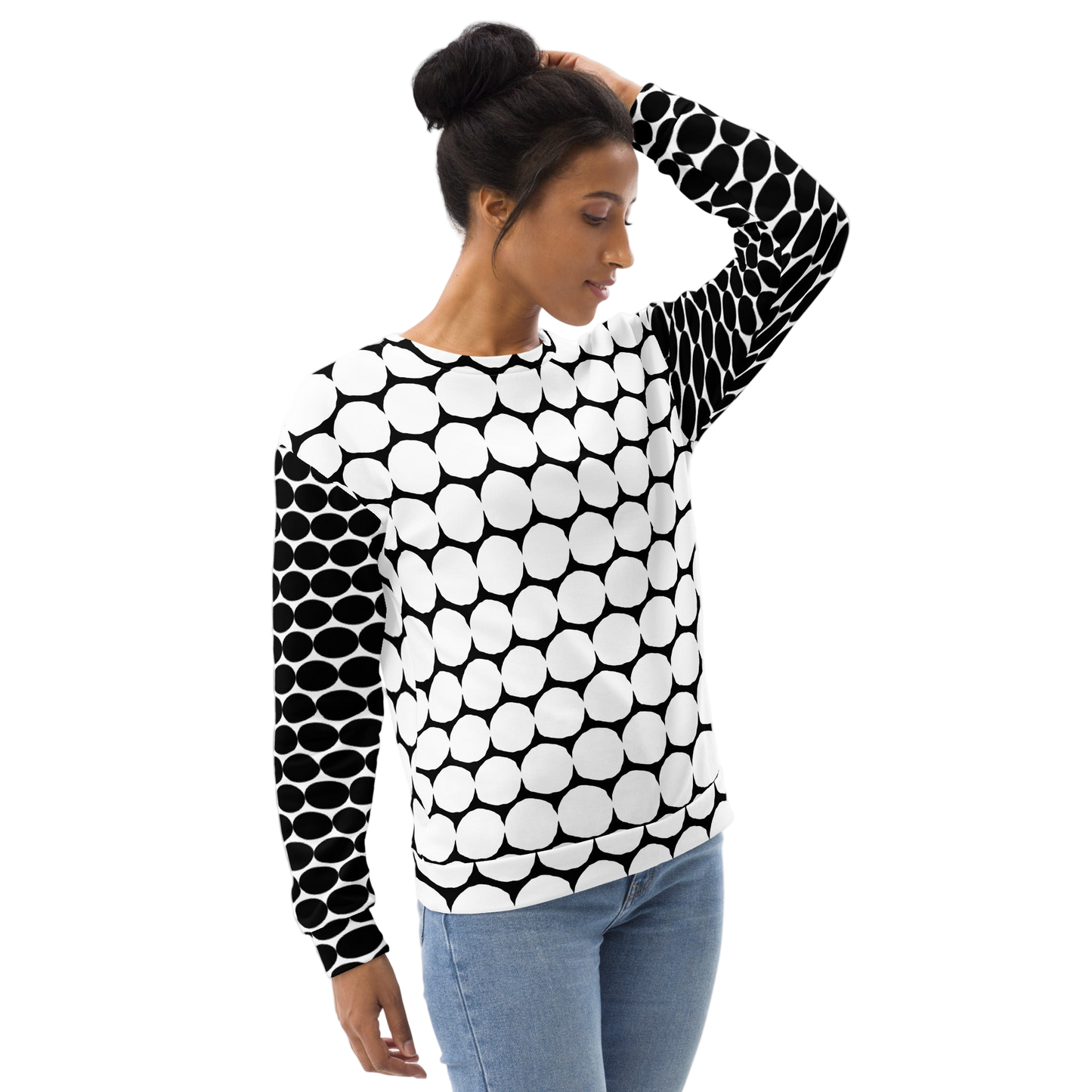 All-Over Print Recycled Unisex Sweatshirt Bold Pebble Dot White Front&Back Black Sleeves for Woman