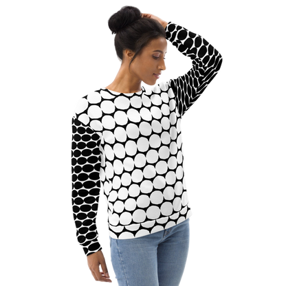 All-Over Print Recycled Unisex Sweatshirt Bold Pebble Dot White Front&Back Black Sleeves for Woman