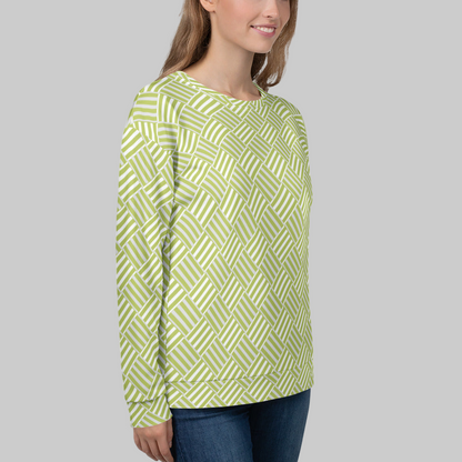 All-Over Print Recycled Unisex Sweatshirt Basketweave Grass Green Wild Willow and White for Woman