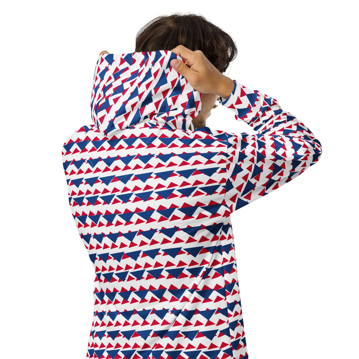 Men's All-Over Print Recycled Unisex Zip Hoodie Geometric Triangles Dark Cerulean/Crimson