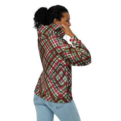 Women's All-Over Print Recycled Unisex Zip Hoodie Plaid Green and Red