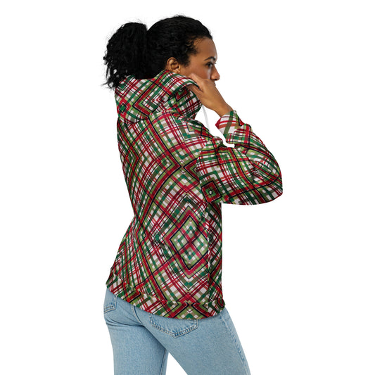 Women's All-Over Print Recycled Unisex Zip Hoodie Plaid Green and Red