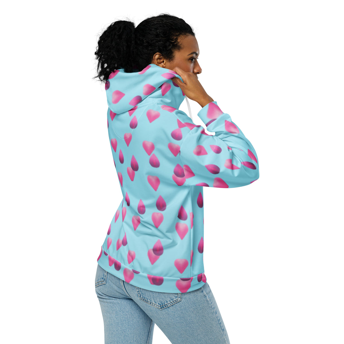 Women's All-Over Print Recycled Unisex Zip Hoodie Rose Pink Hearts Blizzard Blue